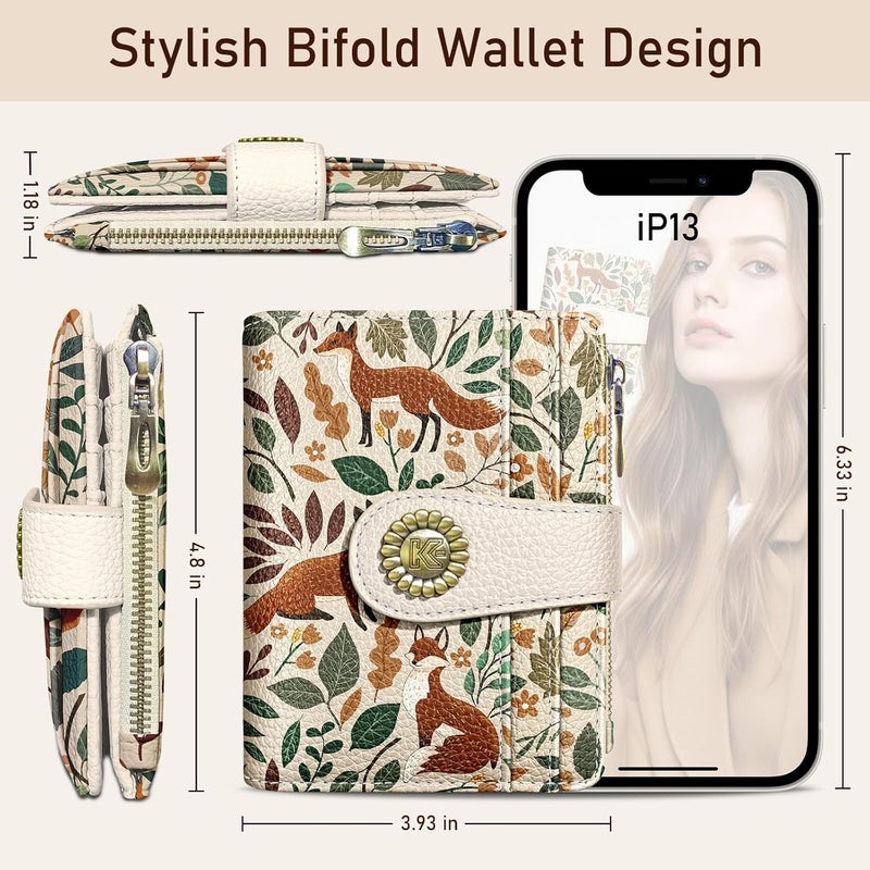 Kelvoris Cute Fox Leaves Small Rfid Women Wallet Bifold Zipper Coin Pocket PU Leather Compact Cash Credit Card Holder Travel Wallet for Female Ladies Teen Girls 1 ID Window 10 Card Slots - Image 5
